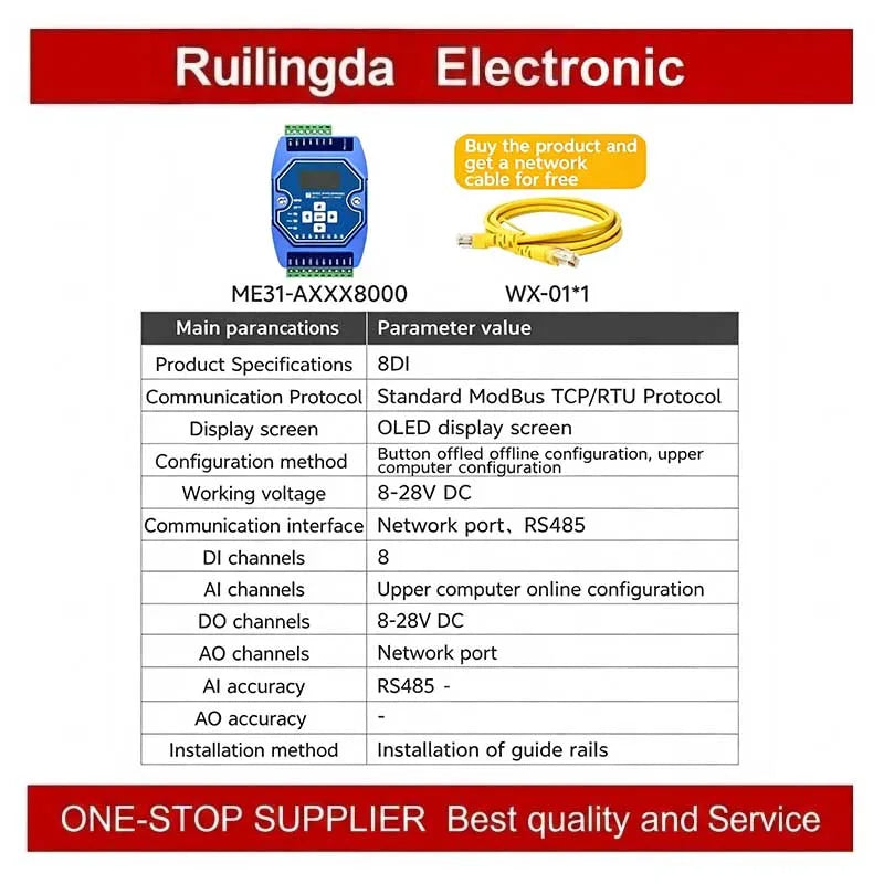 Industrial I/O Networking Module AI/AO/DI/DO 4-20mA 0-20mA, RJ45 RS485 Modbus TCP/RTU Gateway with OLED Display, DC 8-28V Powere
