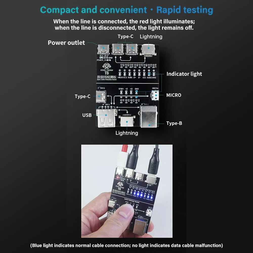 T5 USB Cable Tester Board Rapid Detection Tool Compact Portable for Lightning Type-C Micro USB Cables
