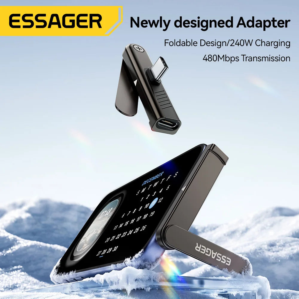 Essager Dual Type C Foldable Elbow Bracket 240W Charging Adapter 2-in-1 Converter for iphone 17 16 15 Huawei Xiaomi Samsung Oppo