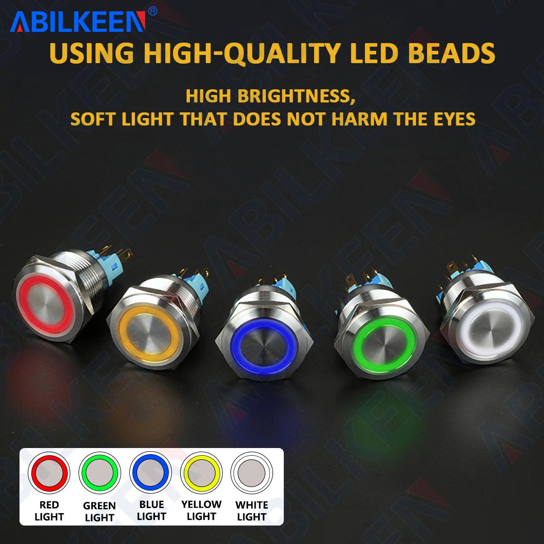 ABILKEEN 22/25MM 1NO1NC/2NO2NC Metal Push Button Switch IP65 Waterproof Momentary/Latching Push Button with LED Ring Light