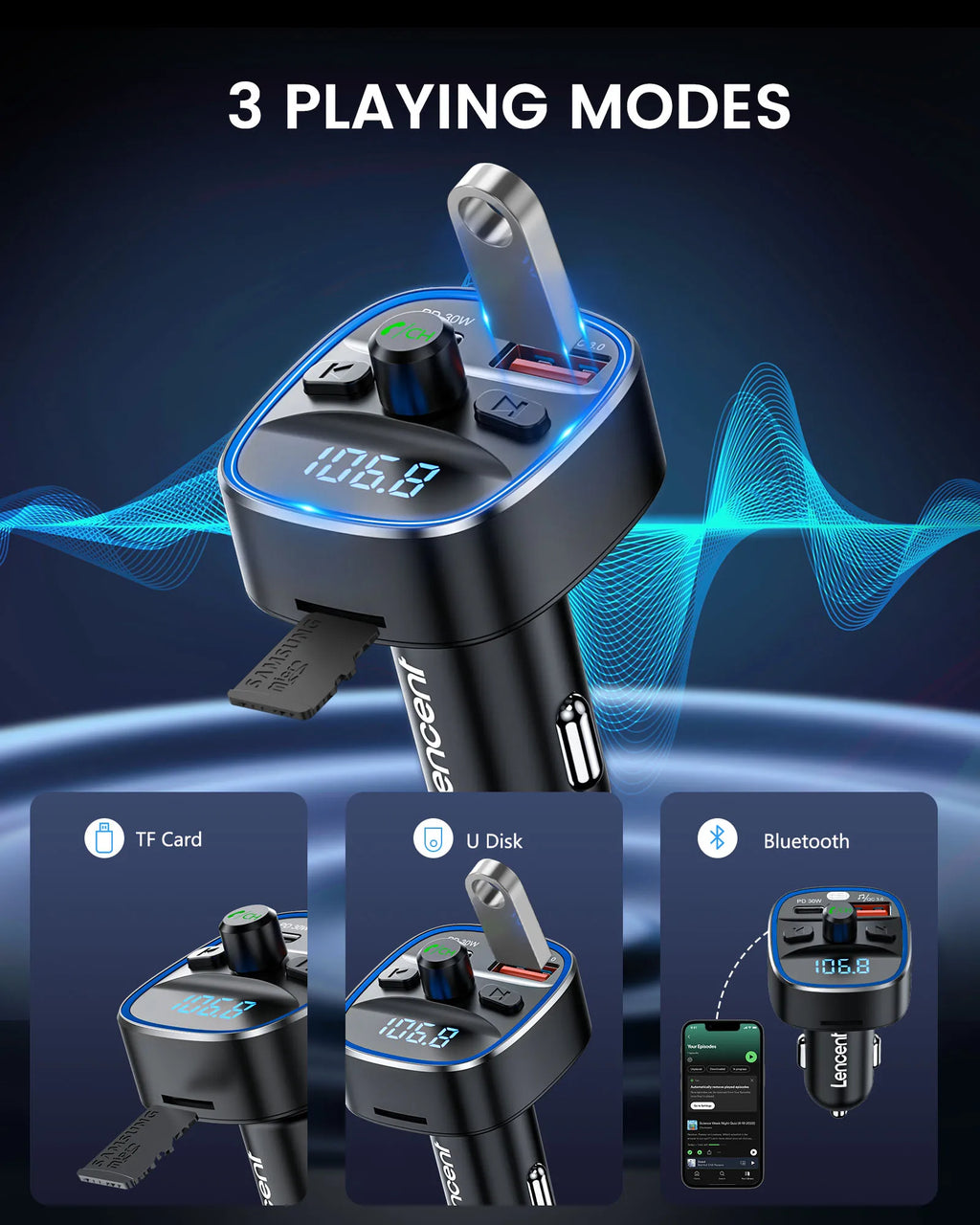 LENCENT Bluetooth 5.4 FM Transmitter with PD 30W &QC 18W Fast Charging Hands-Free Calling Wireless Radio Music Car Adapter