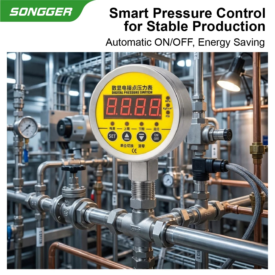 MD-S825E Electric Contact Pressure Gauge AC220V 380V DC24V 0.16-60MPa 304 Stainless Steel Digital Pressure Switch Meter