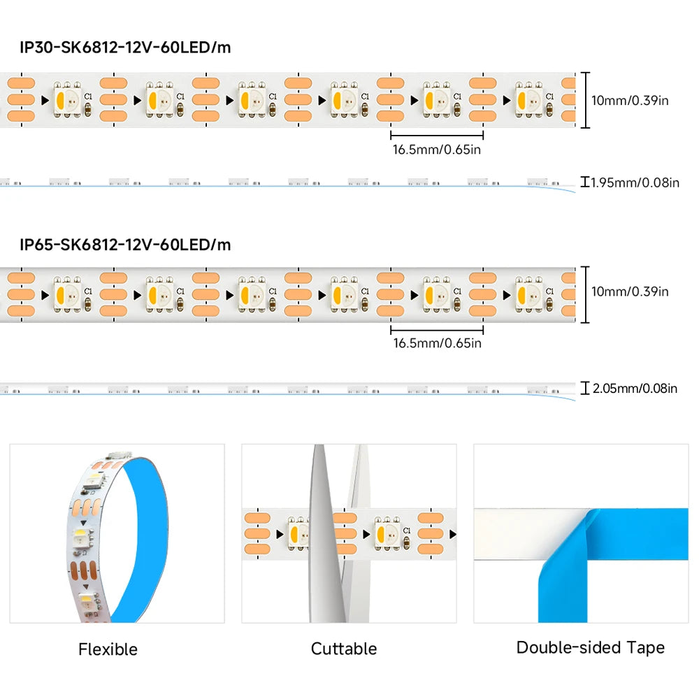 DC12V SK6812 RGBW LED Strip Light 4 in 1 Similar WS2812B 60 144 LED Individual Addressable Smart Pixels Magic RGB CW NW WW Light