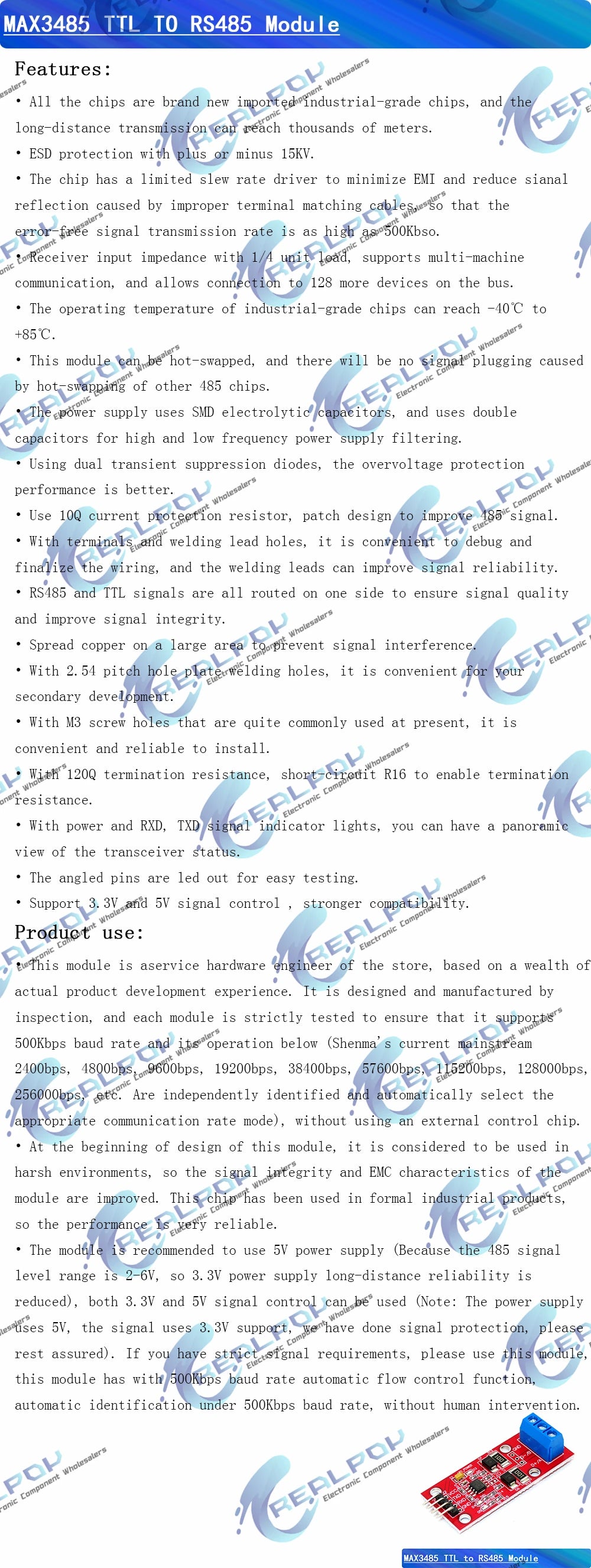 TTL Turn To RS485 Module Hardware Automatic Flow Control Module Serial UART Level Mutual Conversion Power Supply Module 3.3V 5V