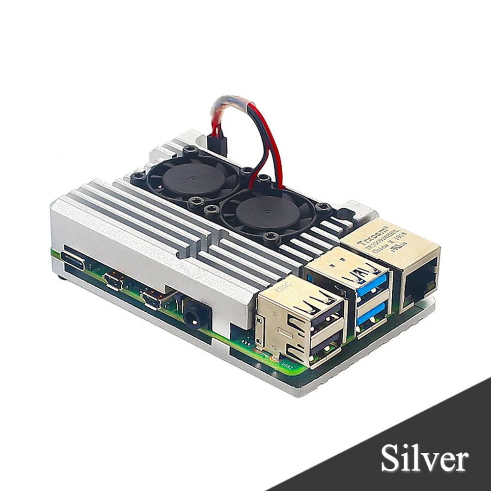 For Raspberry Pi 4 Model B Aluminum Case Dual Fan Metal Shell with Two Fan Heat Sinks Passive Cooling for Raspberry Pi 4B