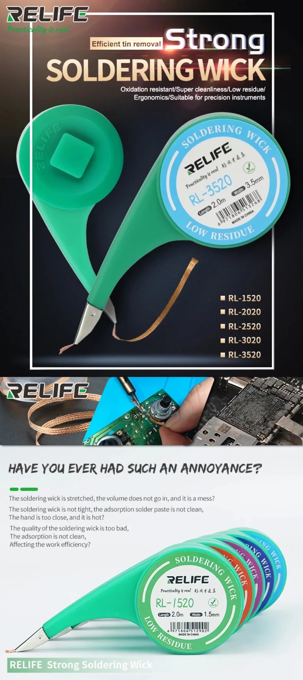 RELIFE Anti-heat Desoldering Wick Wire Mesh Accurate Control Sucker Braid for BGA Welding Repair Tool 1.5mm 2mm 2.5mm 3mm 3.5mm