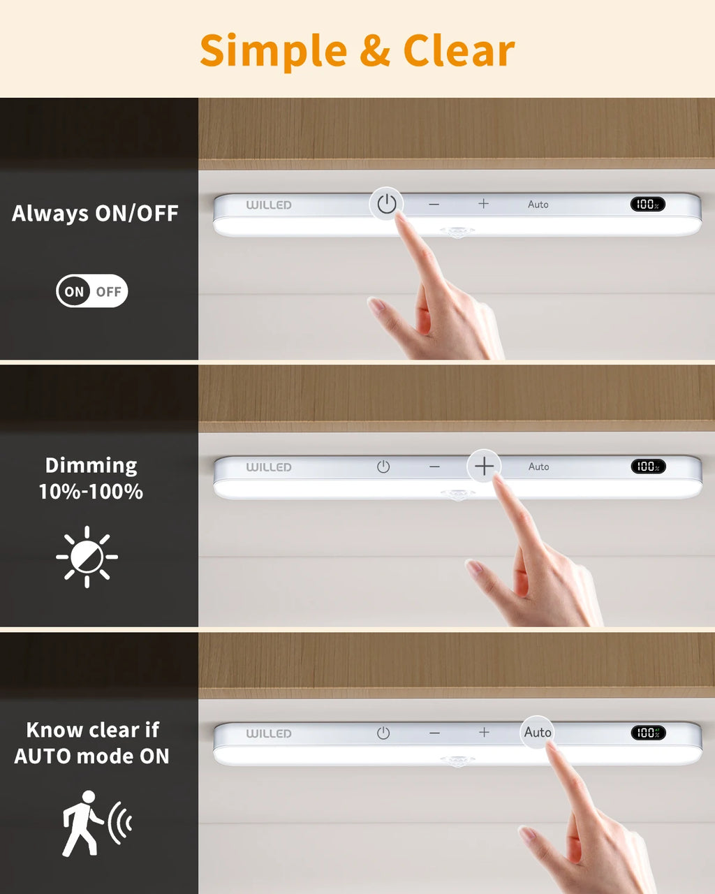 WILLED Under Cabinet Lights Rechargeable Battery Display 60 LED Touch Light Bar Motion Sensor Light Closet Light Night Lights