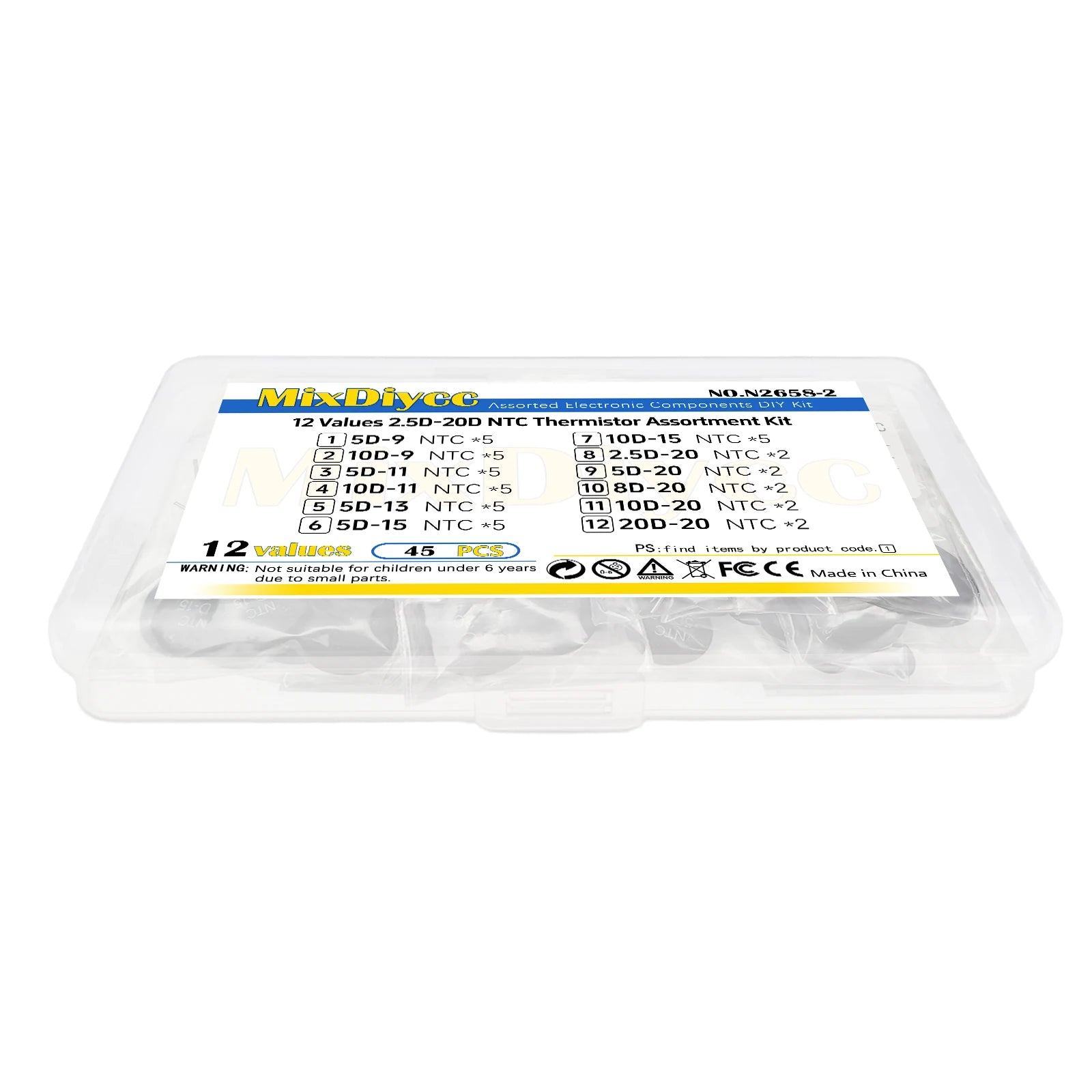 12 Values NTC Thermistor Kit 5D-9 10D-9 5D-11 10D-11 5D-13 5D-15 10D-15 2.5D-20 5D-20 8D-20 10D-20 20D-20 Resistor Total 45 Pcs