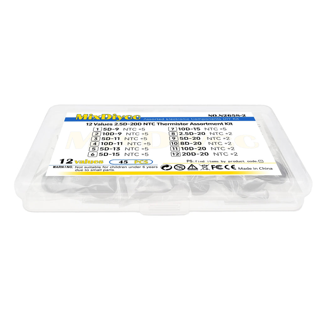 12 Values NTC Thermistor Kit 5D-9 10D-9 5D-11 10D-11 5D-13 5D-15 10D-15 2.5D-20 5D-20 8D-20 10D-20 20D-20 Resistor Total 45 Pcs