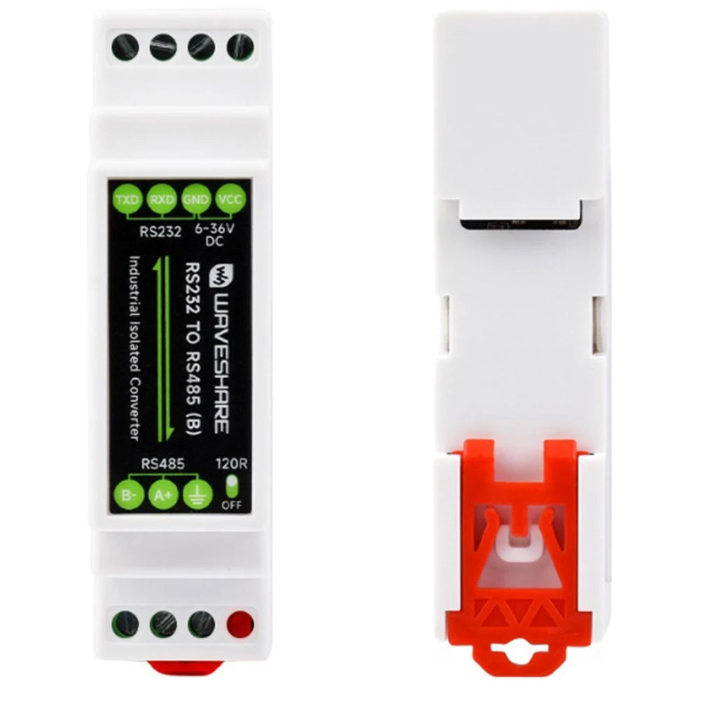 Waveshare Industrial Rail Type RS232 To RS485 Converter 300-115200Bps Active Digital Isolation Wide Voltage