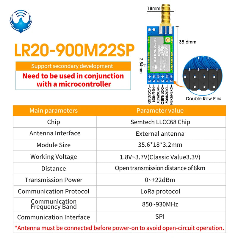 LLCC68 LoRa Wireless Module 868Mhz 915Mhz 433 475Mhz DX-LR20 22dBm 8KM Long Range SMD RF Module Power Supply