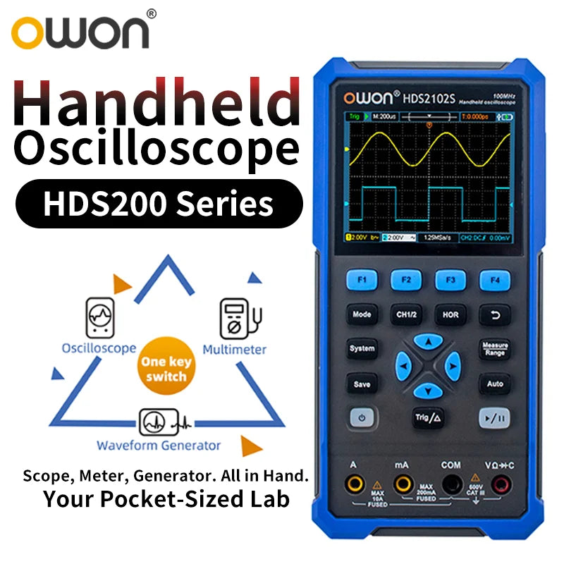 OWON HDS2102S/HDS272S/HDS242S Handheld 3-in-1 Digital Oscilloscope, Signal Generator, Multimeter | 100MHz Bandwidth, 2 Channels