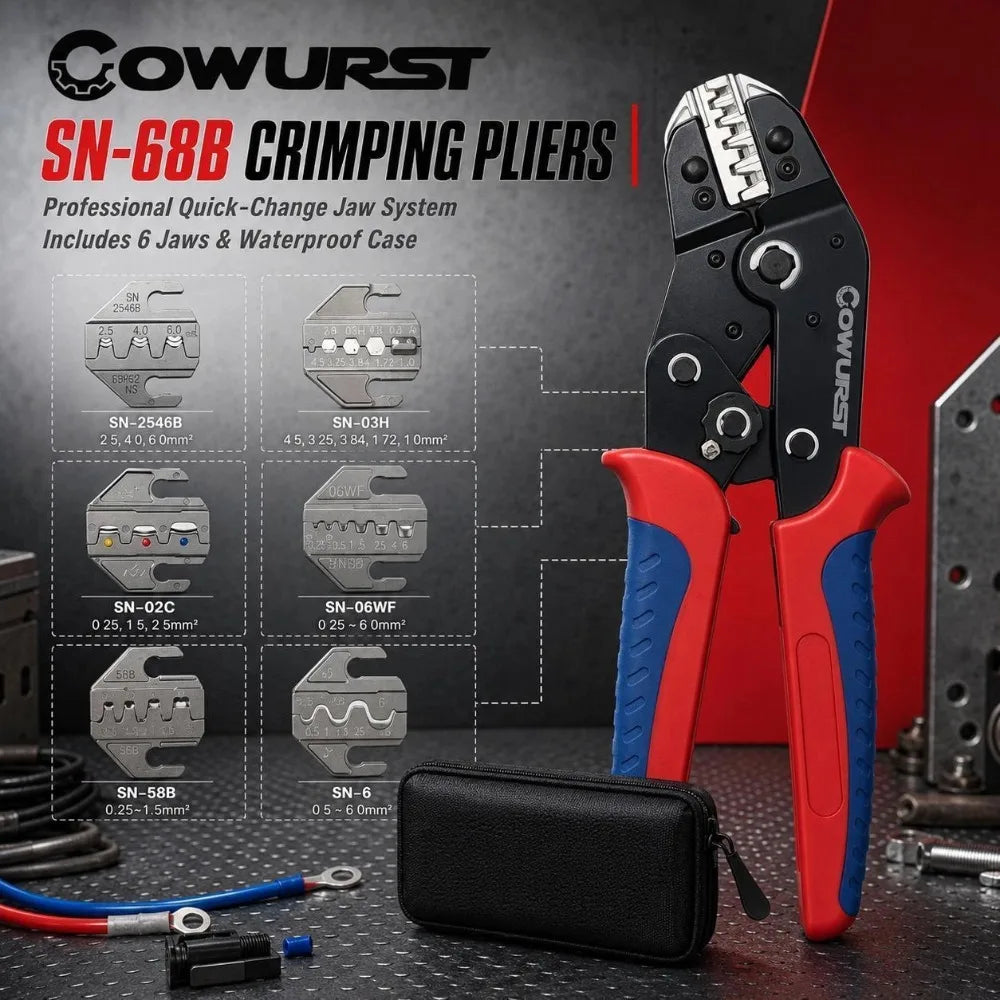 Ratchet Quick-Change Crimping Pliers SN-68 with 6 Jaws for Automotive Terminals, Dupont Terminals, Wire Crimping Tool Kit