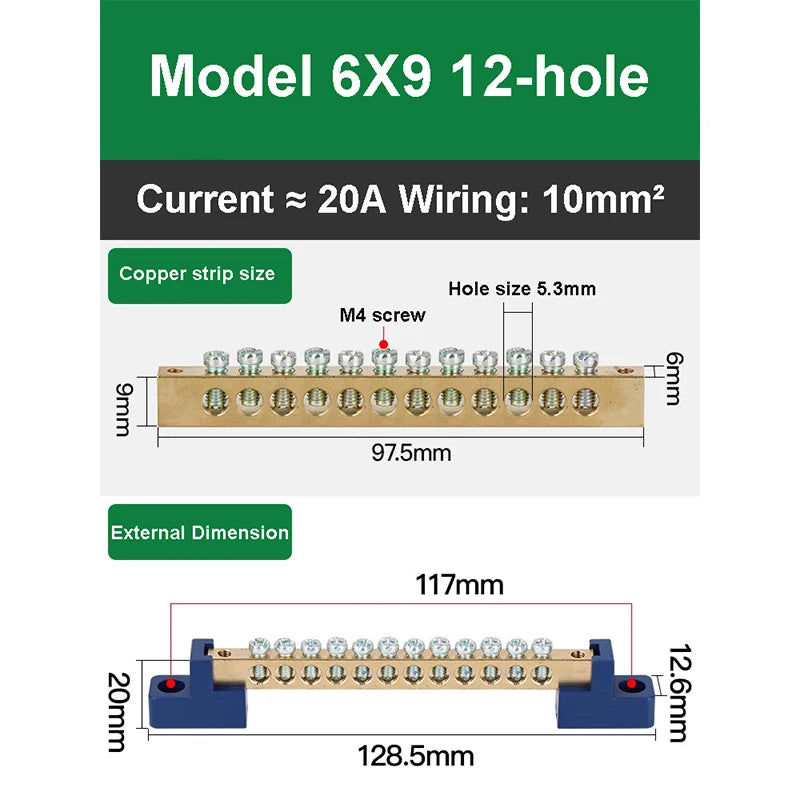 019 Series 6*9 8*12 4/6/8/10/12/14/16 Hole Zero Ground Row Copper Bar Connection Terminal Wiring Terminal of Distribution Box