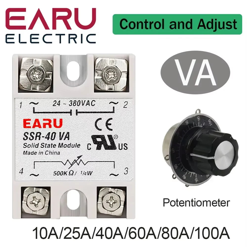 SSR-10VA SSR-25VA SSR-40VA SSR Solid State Relay Voltage Regulator AC24-380V Output+Potentiometer for PID Temperature Controller