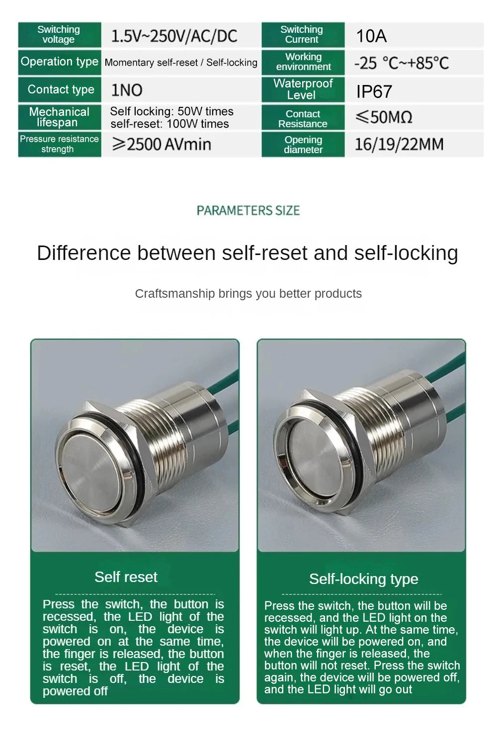 16/19/22mm IP67 Waterproof Metal Push Button Switch 10A High Current LED Light Momentary Latching Outdoor Power Switch Red Green