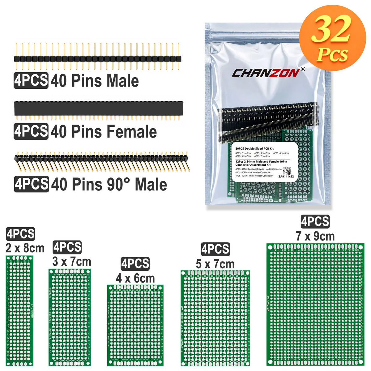 FR4 Double Sided PCB Board Tinned ( 2X8 3X7 4X6 5X7 7x9 cm ) Circuit Perfboard 2.54mm 40 Pins Male Female Pin Header Gold Plated