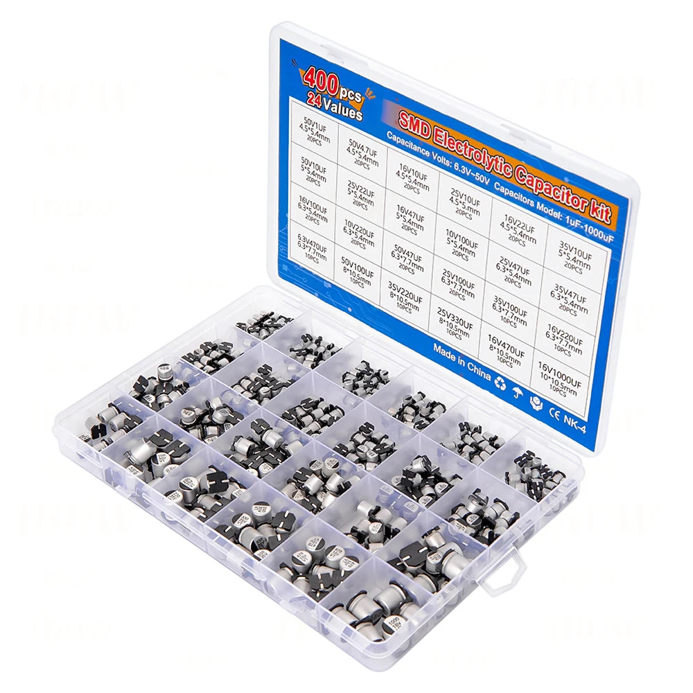 24Values 400PCS capacitor kit Aluminum Electrolytic SMD condensadores electrolíticos igmopnrq 1uF~1000uF 6.3V-50V with box kit