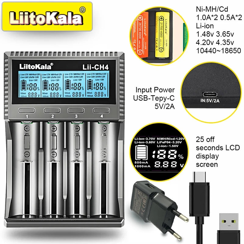 LiitoKala Lii-CH4 Smart Charger for 18650/21700/26650/AA/AAA/Ni-MH/Li-ion,1.2V/1.5V 4-Slot Fast Charge, USB-C, Auto Detect