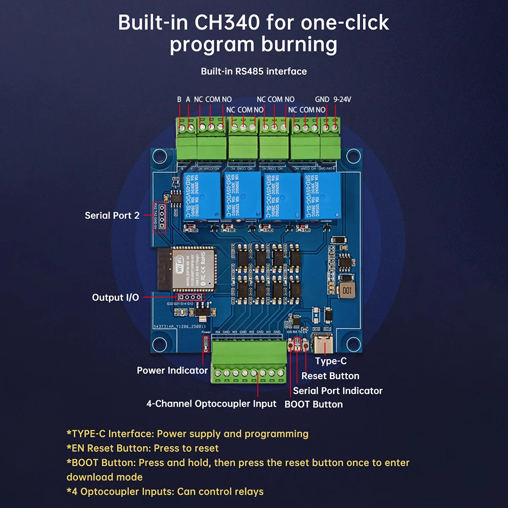 ESP32 RS485 Modbus Wifi Bluetooth Relay Optocoupler Isolation Module Tyep C 4/8 Channel Relay Module DC 9-24V