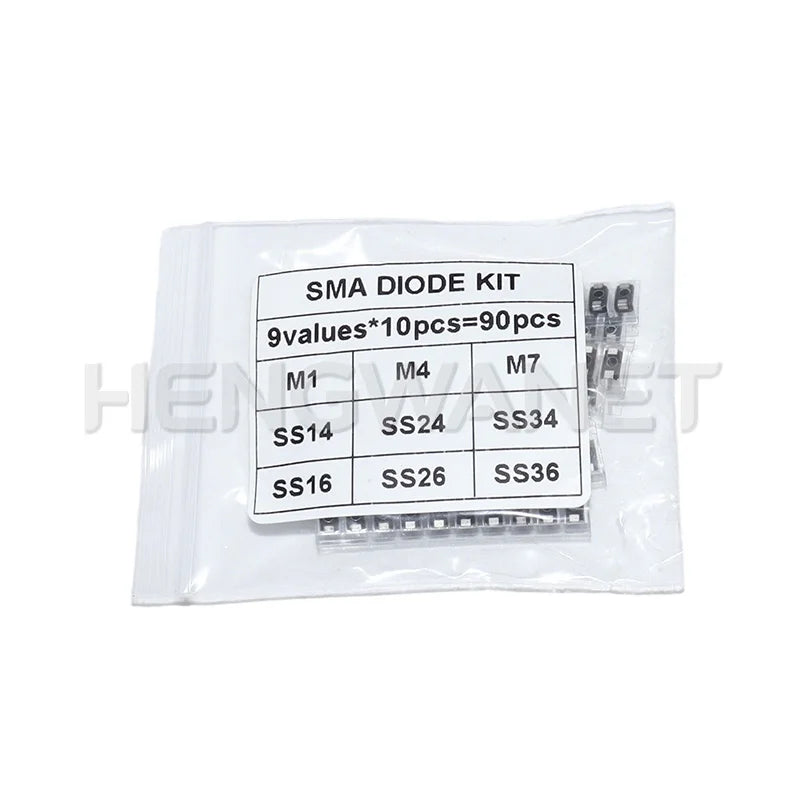 90PCS Rectifier Diode 1N4007 1N4001 1N4004 SS14 SS24 SS34 SS16 SS26 SS36 SMD Schottky Diode Assort Kit