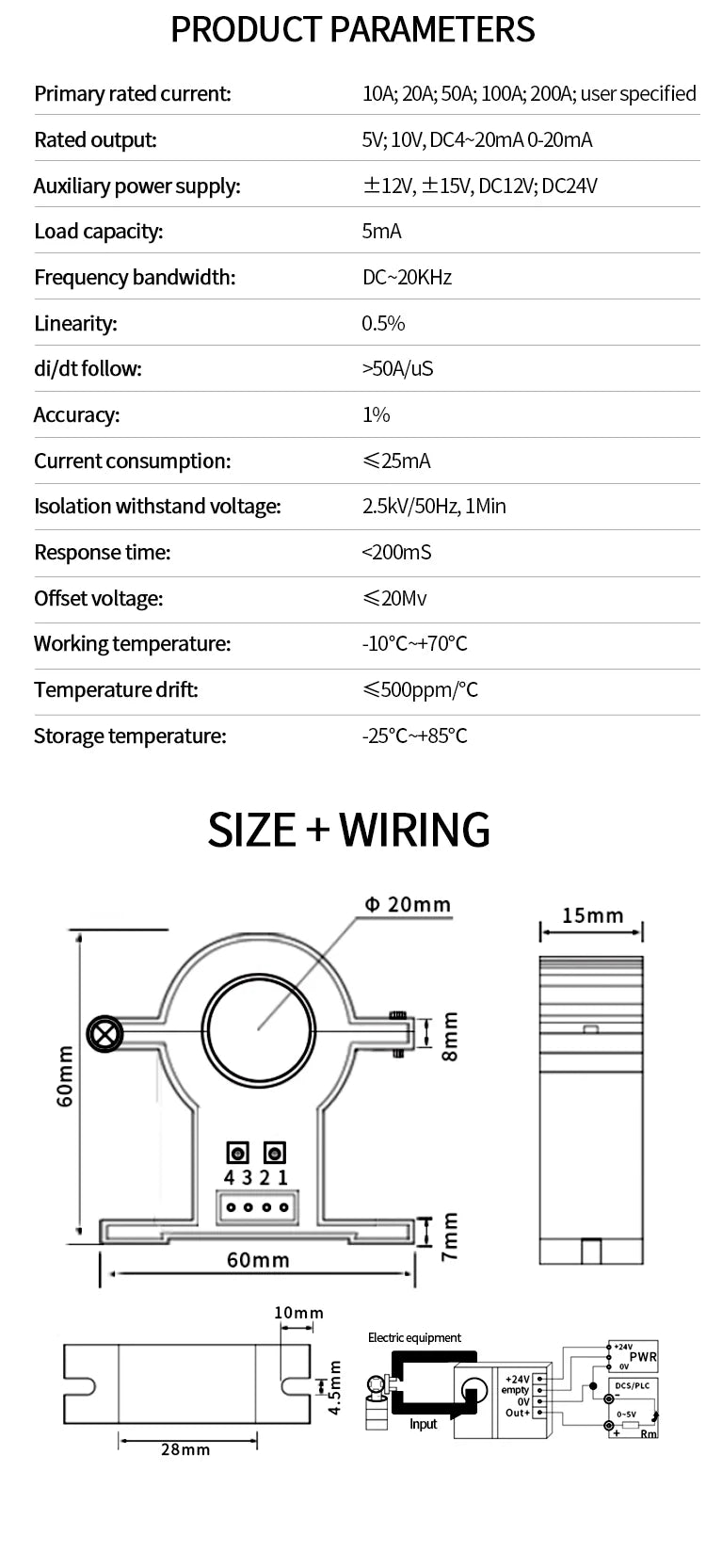 20 25 38mm Hole Size AC DC Hall Current Transducer Open Loop Split Core Current Sensor 4 20ma Current Transmitter 0 10V