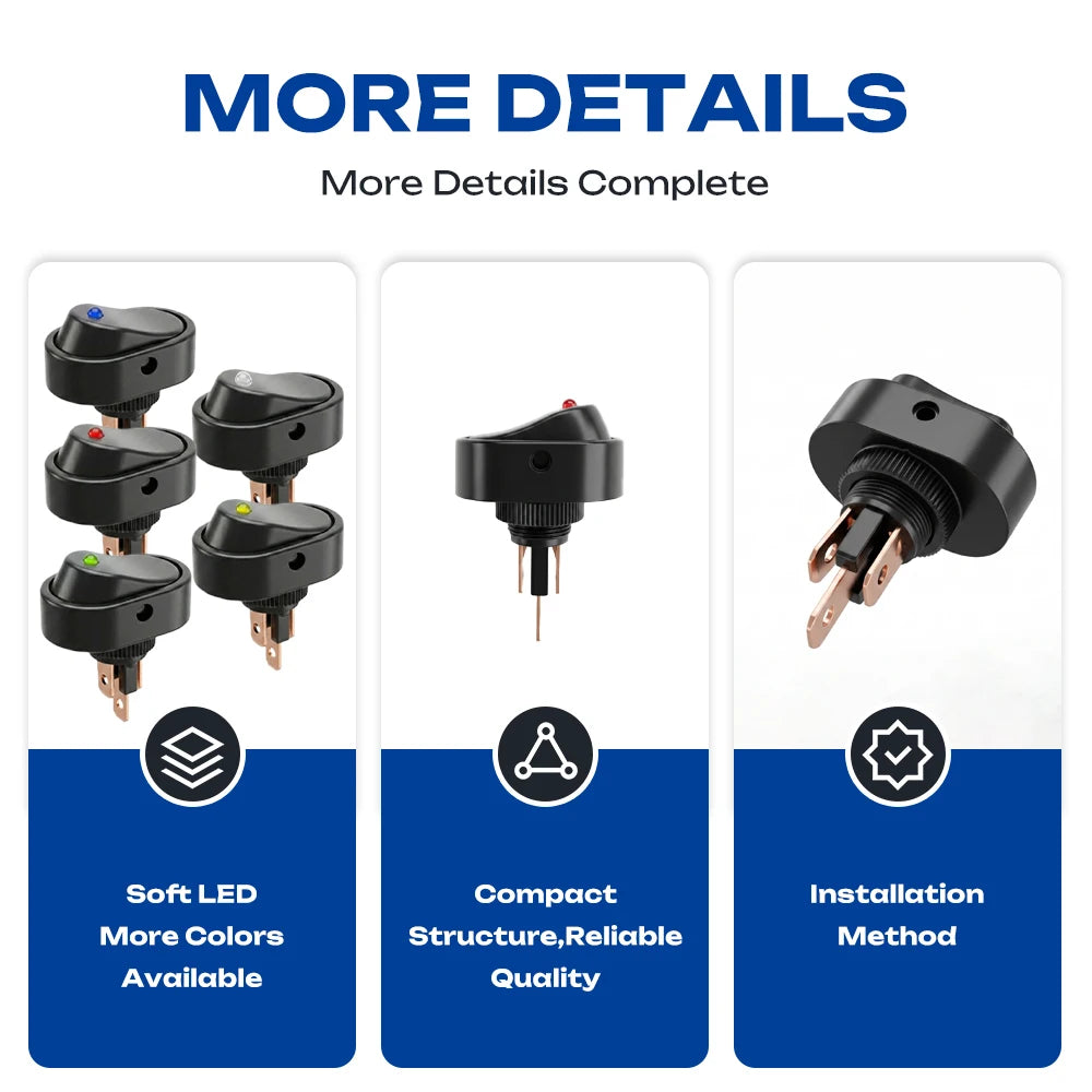FILN 3Pcs 12V Rocker Switch 6A 3 Pin Threaded Mount Round LED Dot Light Toggle Power Switches for Small Home Appliance Auto