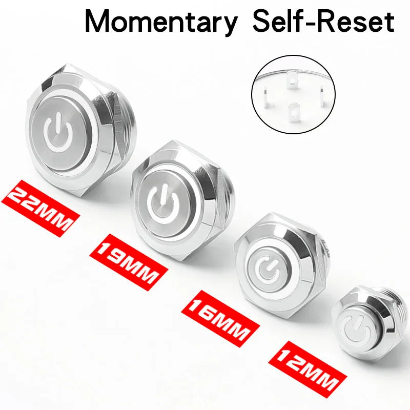 12/16/19/22mm Metal Push Button Switch Short Stroke Silver Shell Waterproof High Head With Power LED Light Momentary 1NO 6V 24V