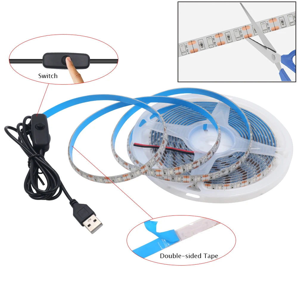5V USB Led Strip Light SMD 2835 50CM 1M 2M 4M 5M White/Warm White/Red/Blue/Green IP21 Flexible Lighting Ribbon Tape Backlight