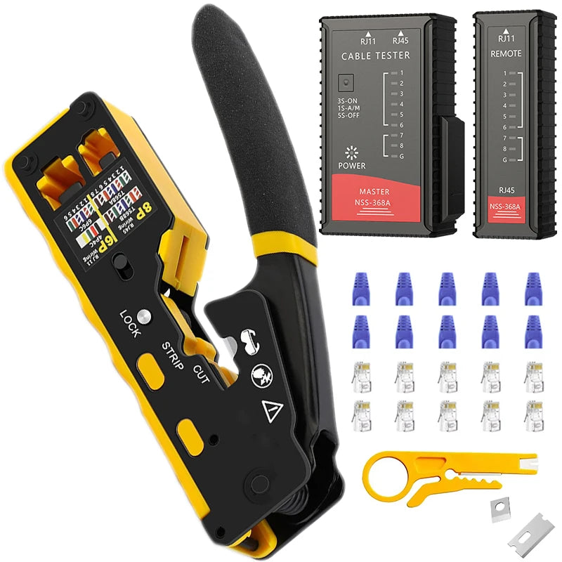 RJ45 Crimp Tool Kit Pass Through Cat6 Crimping Tool For Cat5 Cat5e Cat6 8P8C Connector, All-in-one Ethernet Crimper
