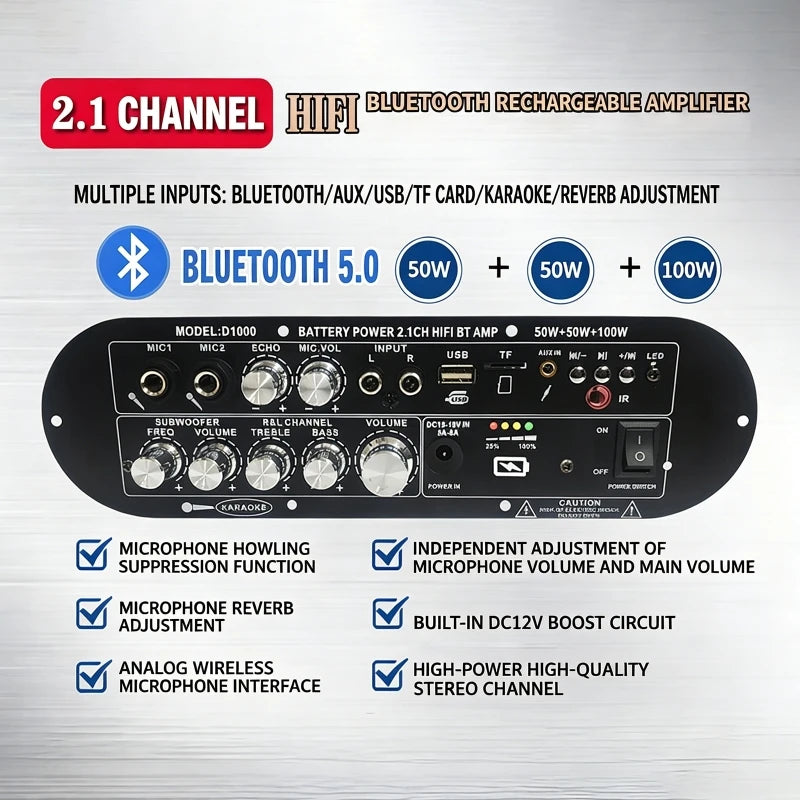 2.1 Channel Bluetooth 5.0 Amplifier Board High-Power HiFi Subwoofer Digital Amplifier Board for Home and Outdoor Sound Systems