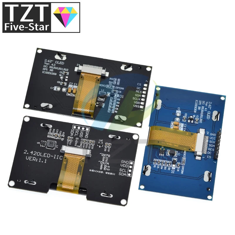 TZT 2.42" 2.42 inch LCD Screen White  Yellow 128x64 OLED Display Module IIC I2C SPI Serial for C51 SPD0301
