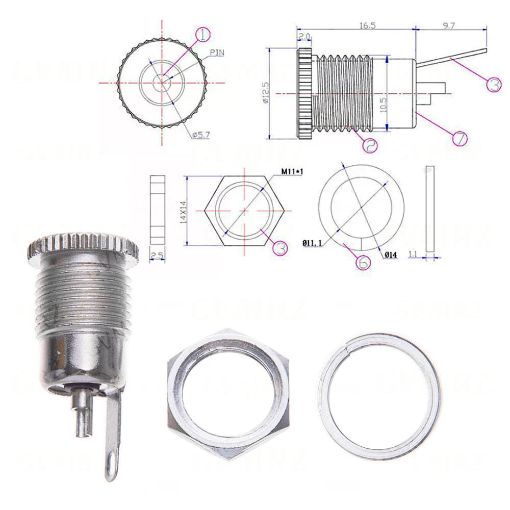10pcs/LOT DC099 5.5 mm x 2.1mm DC Power Jack Socket Female Panel Mount Connector Metal DC-099 Open Hole 11MM 5.5*2.1 5.5*2.5