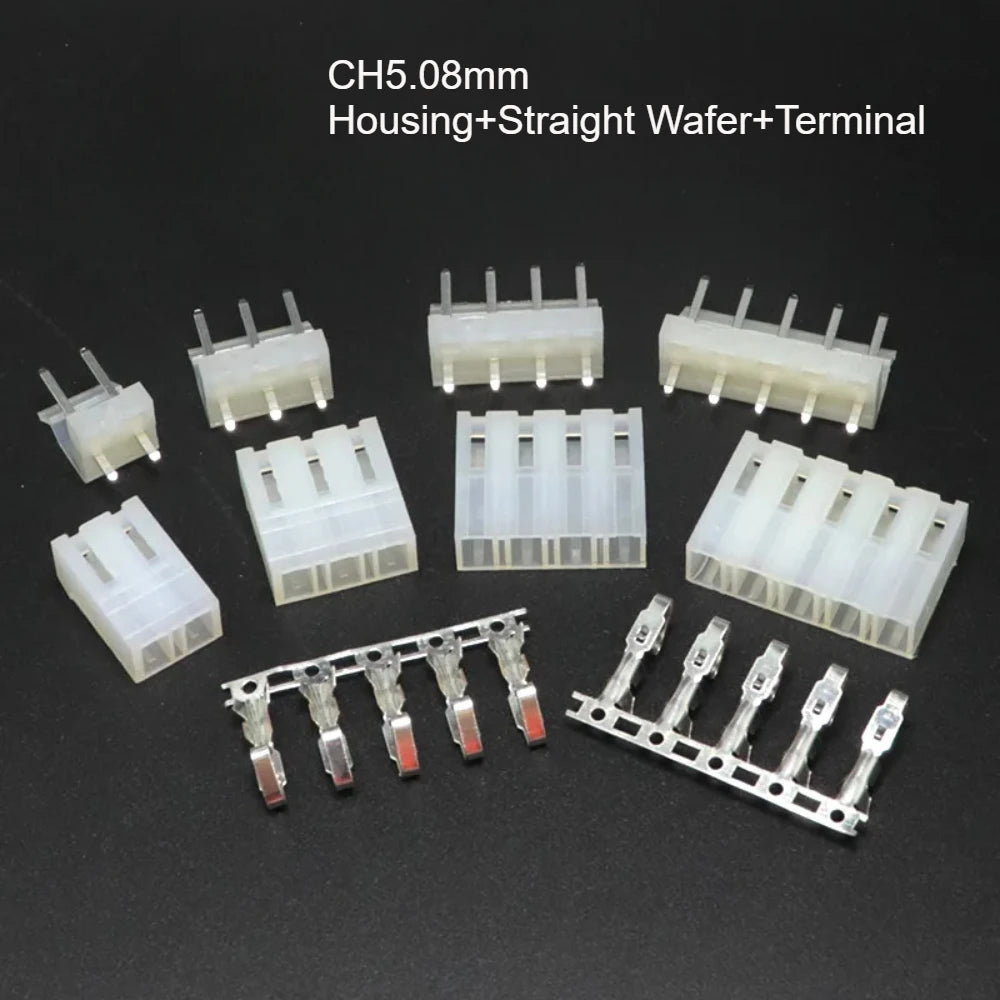 10sets CH5.08 2P/3/4/5/6Pin  5.08mm/0.2in Pitch Straight Vertical Male Pin Header Wafer + Terminal+Housing Socket Connector