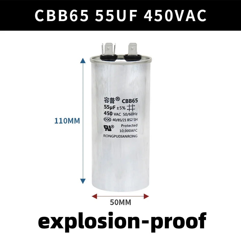 CBB65 450V Motor Capacitor Air Conditioner Compressor Start Capacitor 5uF 6uF 20uF 25uF 30uF 35uF 40uF 45uF 50uF 60uF 70uF