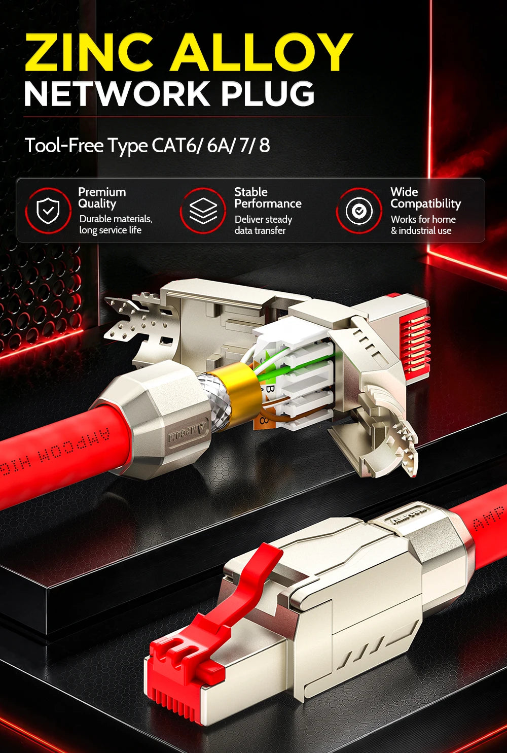AMPCOM Tool Free RJ45 Plug CAT8 CAT7 CAT6A CAT6 Zinc-Alloy STP 40Gb 2000Mhz RJ45 Connector for 22-26AWG Cable 2Pcs-pack