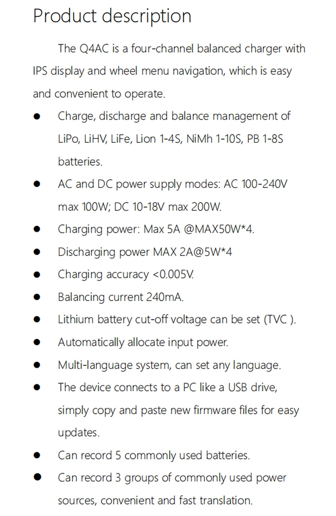 ToolkitRC Q4AC 4x50W 5A AC 100W 4 Port DC Smart Discharger Charger XT60/XT30 Optional for 1-4S Lipo Battery