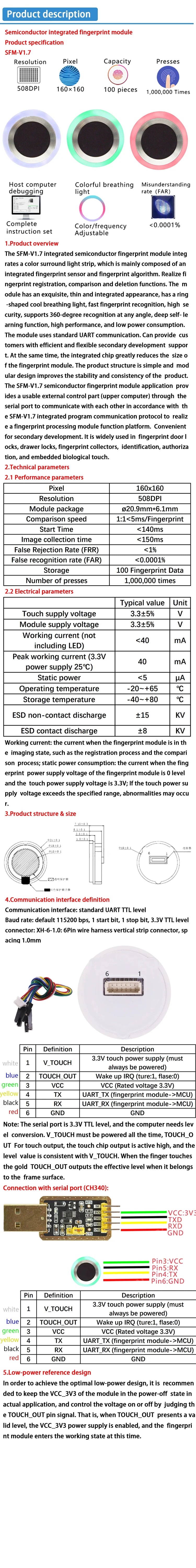 SFM-V1.7 Semiconductor Touch Capacitive Acquisition And Identification Fingerprint Sensor Module UART Communication