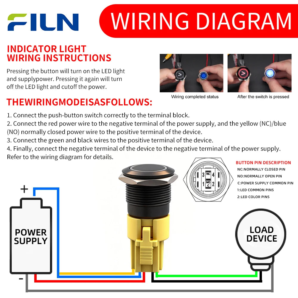 FILN 2PCS 19mm 12V 24V Push Button Switch Ring Button Latching IP65 Waterproof with LED 1NO1NC Pre-Wired Harness 5Amp Marine car