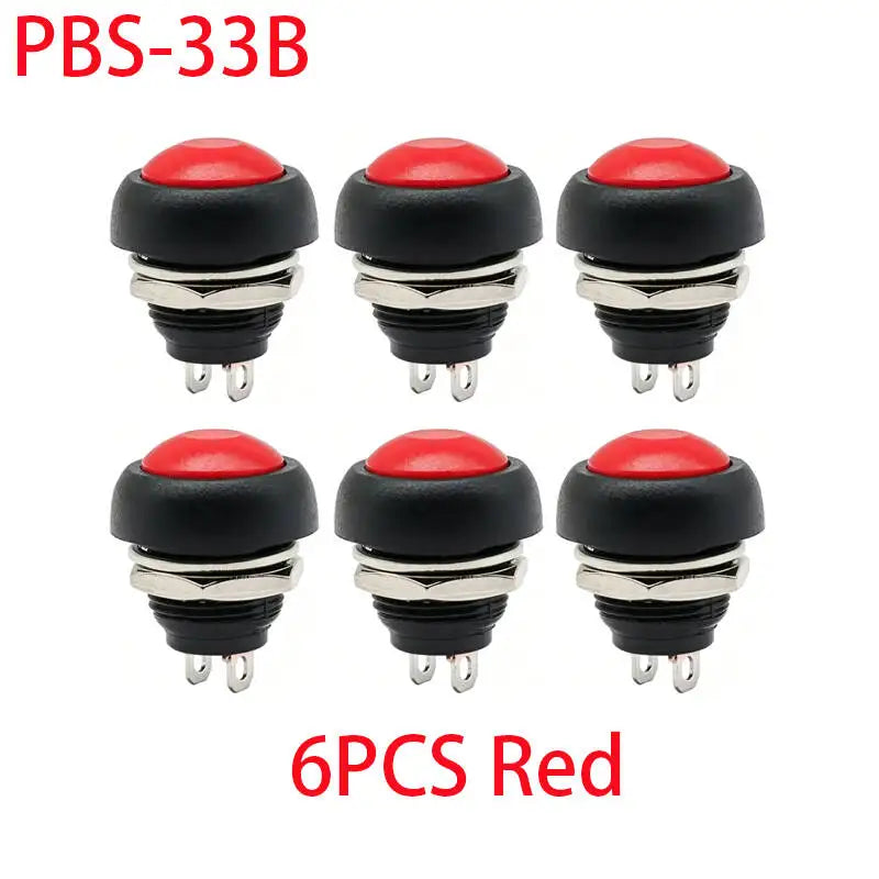 6PCS PBS-33B 12mm 2Pin Waterproof Momentary Push Button Switch 12V 1A Mini Reset Non-Locking Red Green Yellow Blue White Black