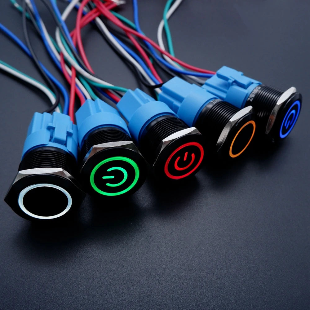 16/19/22mm Black Push Button Switch Waterproof Illuminated Metal Momentary Latching Fixed On Off Power Switch Backlit LED 3V 12V