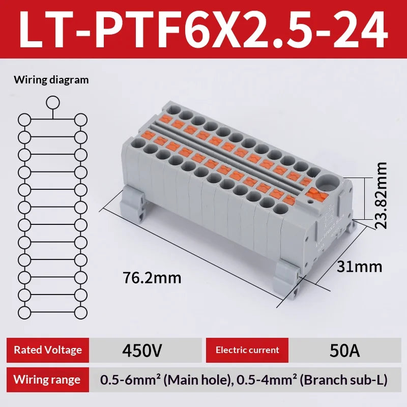 Push-in Terminal Block PTF6X2.5mm One in Multiple Out Splitter Spliceable Wire Connectors DIN Rail Junction Box Electrical Joint