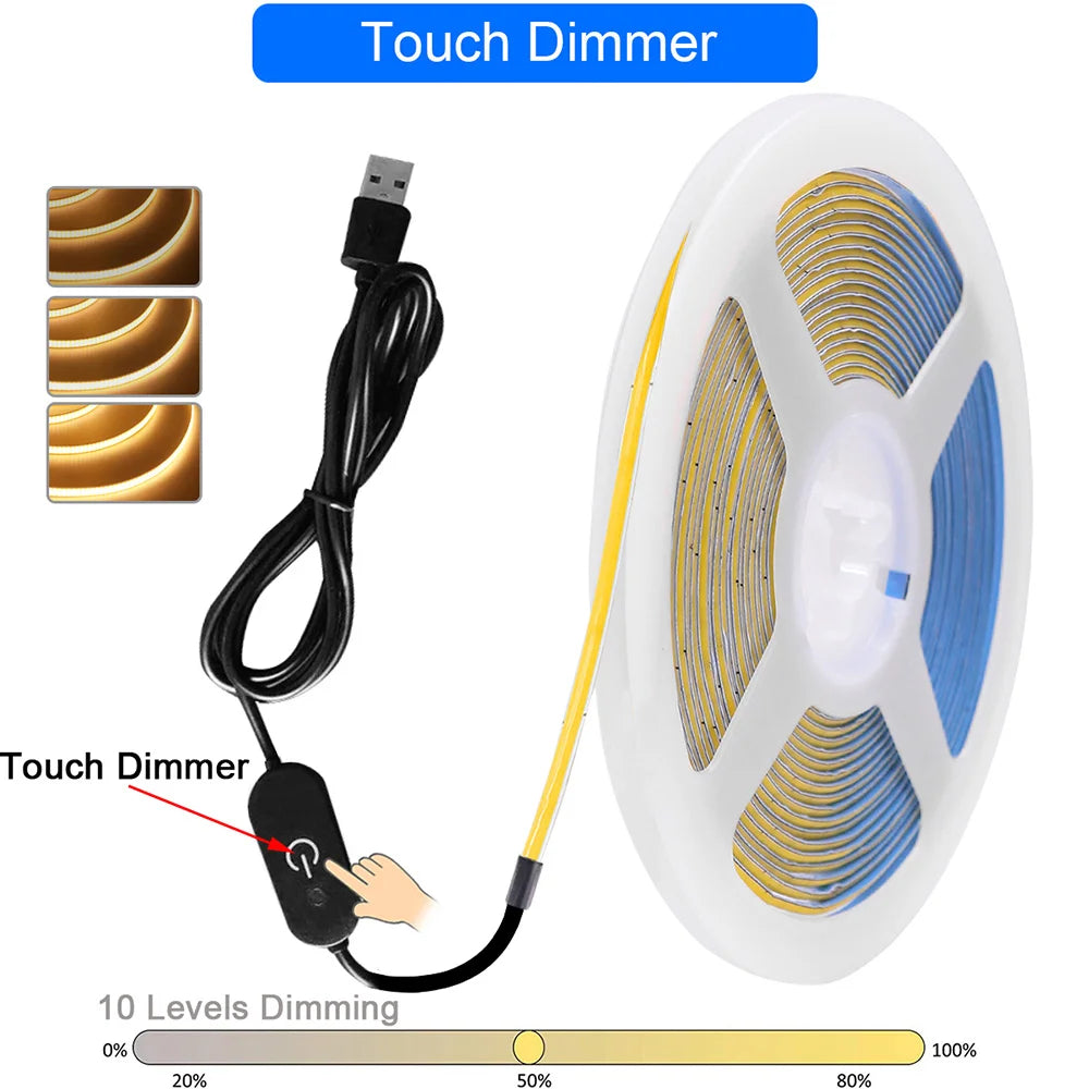 5V USB 3mm PCB COB LED Strip Light with Switch Dimmer Remote Control 320 LEDs High Density Linear Lighting Flexible Tape Lamp