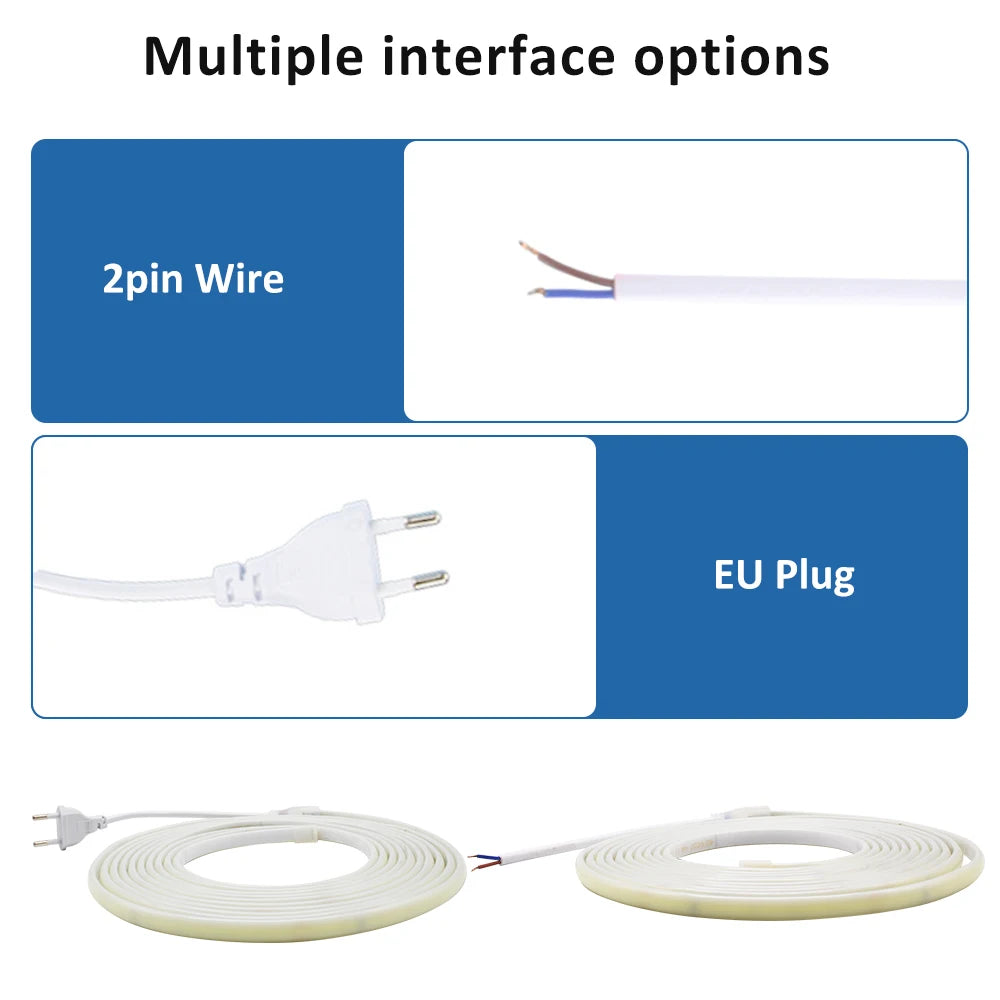 AC220V COB LED Strip Light IP67 Waterproof Flexible Ribbon 2Pin Wire/EU Plug Tape Lamp 3000K/4000K/6000K Outdoor Linear Lighting