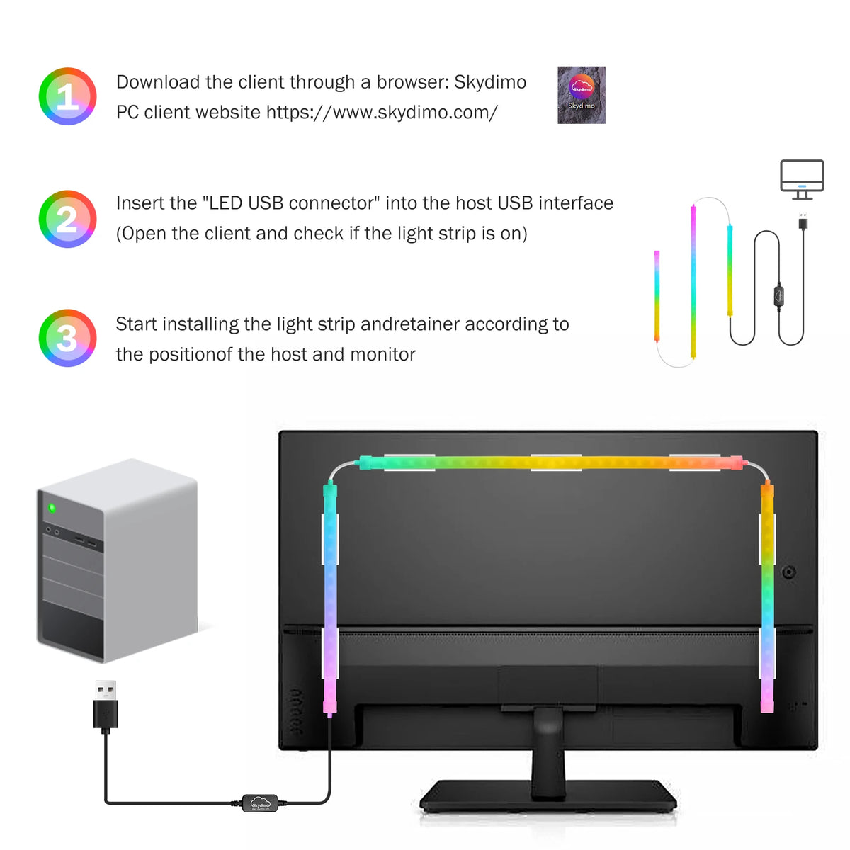 Skydimo RGB Gaming Lights Strip Music Game Sync Color 24" 27" 49" Computer Screen Amosphere Ambient Smart LED Neon Strip Light