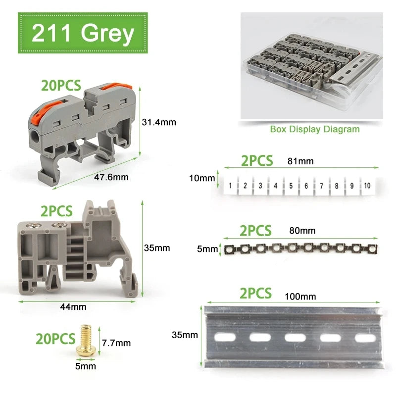 Din Rail Type Various Terminal Block Kit 211 Wire Electrical Conductor Universal Fast Cable Connector With Number Strip Set
