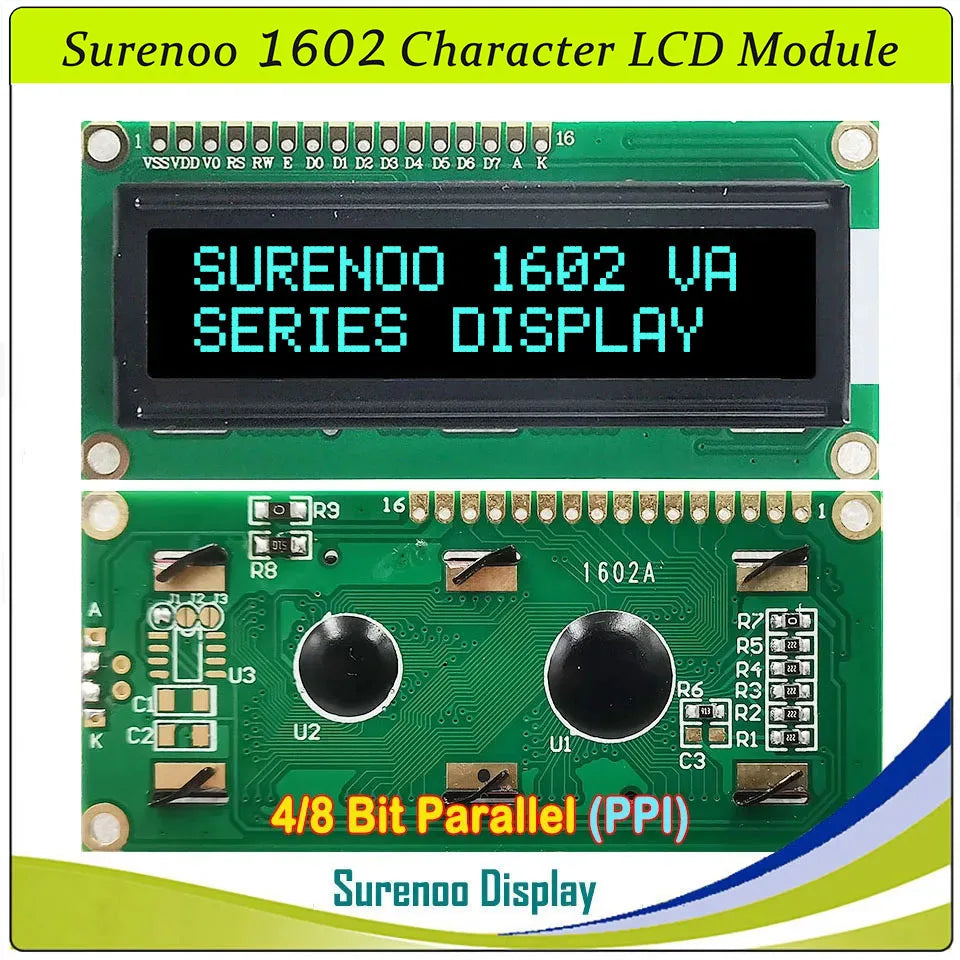Surenoo 1602 16X2 162 5V 4-Bit 8-Bit Parallel Character LCD Module Display Screen Panel LCM STN Yellow Green Blue White Sky Blue