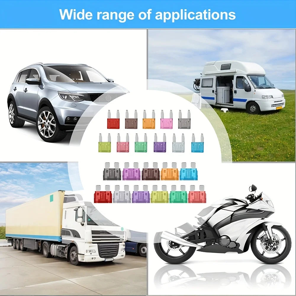 100/180 Piece Automotive Fuse Set, Complete Range of Current Specifications. Color-Coded Amperage for Quick Identification; High-Quality Conductive Metals with Good Conductivity and Sensitive Melting Properties. Transparent C
