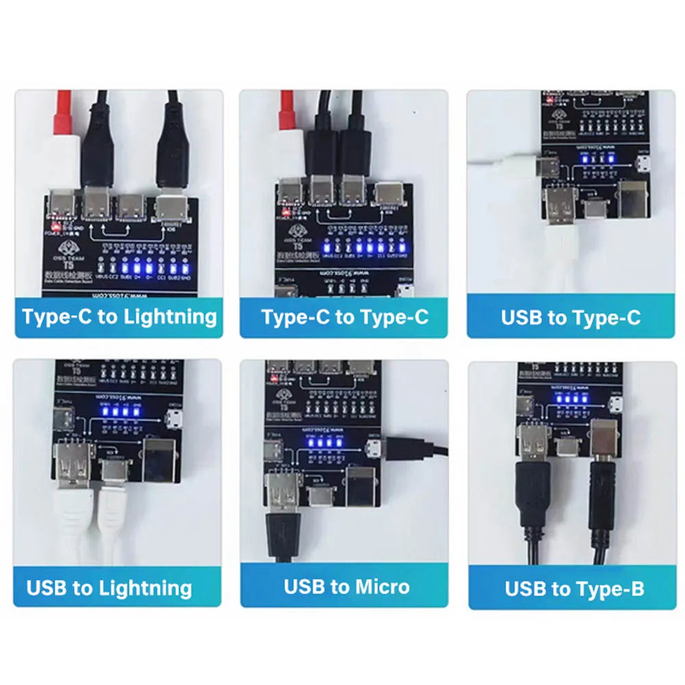 T5 USB Cable Tester Board Rapid Detection Tool Compact Portable for Lightning Type-C Micro USB Cables