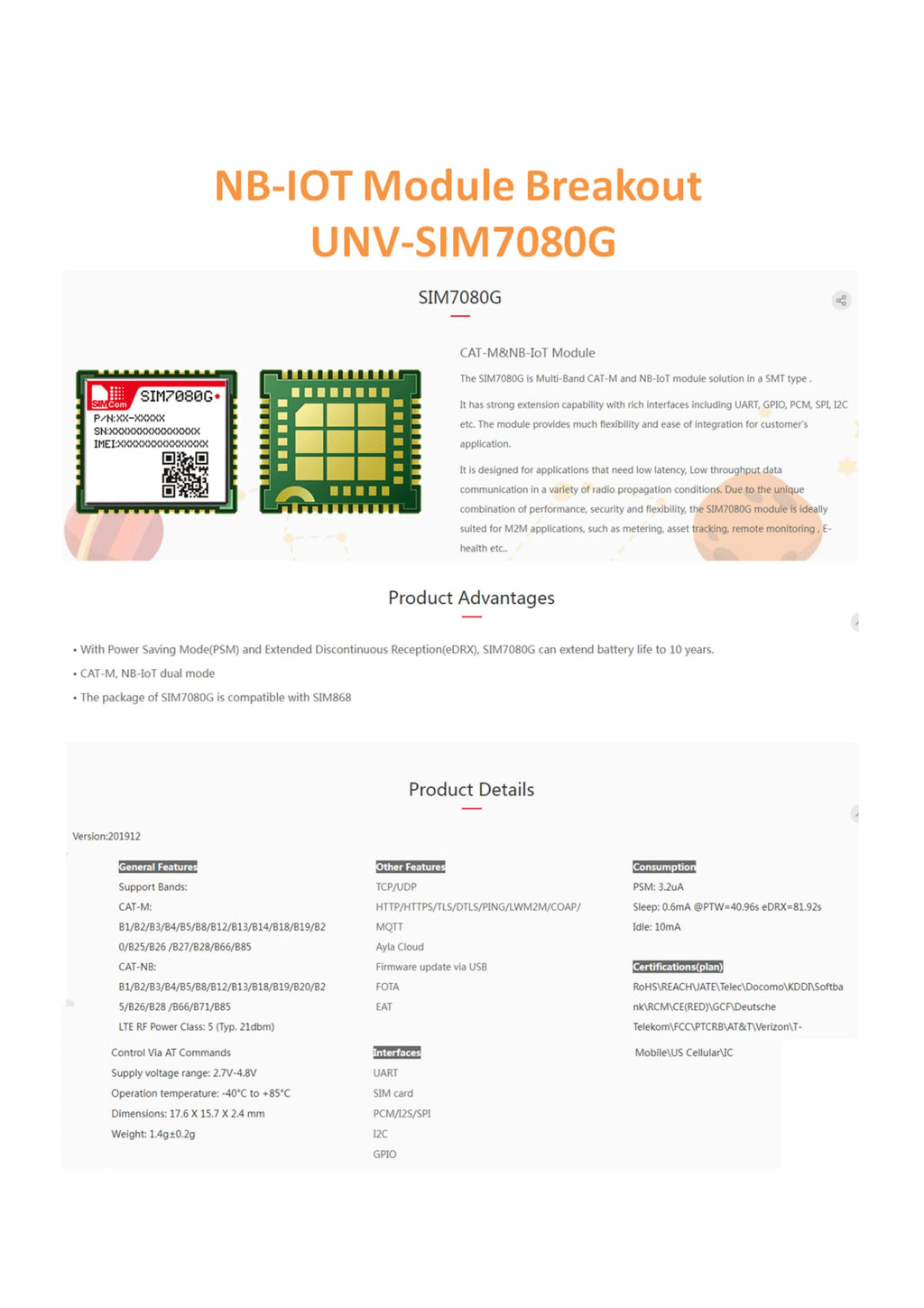 SIMCOM SIM7080G Breakout Multi-Band CAT-M and NB-IoT Module Development Board With Embedded CA-L01 4G CAT1 CA-G01 GNSS Antenna